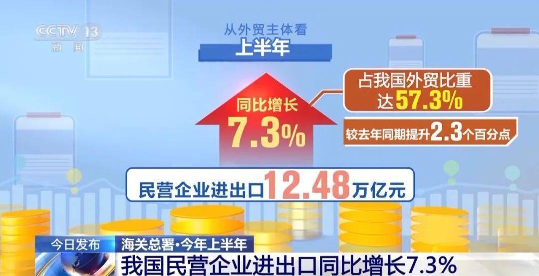 海关总署：上半年民营企业进出口12.48万亿元 同比增长7.3%